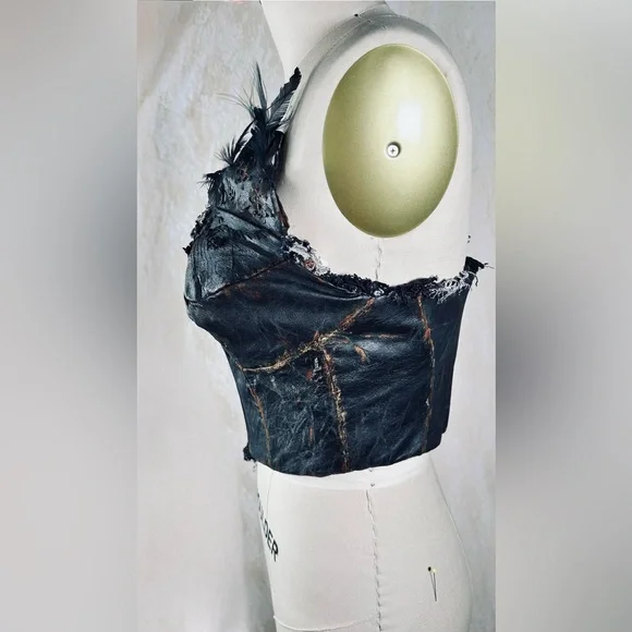 Designer Reconstructed distressed genuine leather corset bustier - Picture 2 of 9